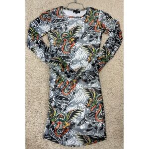 Ed Hardy Tattoo Dragon Sleeves Bodycon Mini Dress Size S Y2K 90's Clubwear Goth